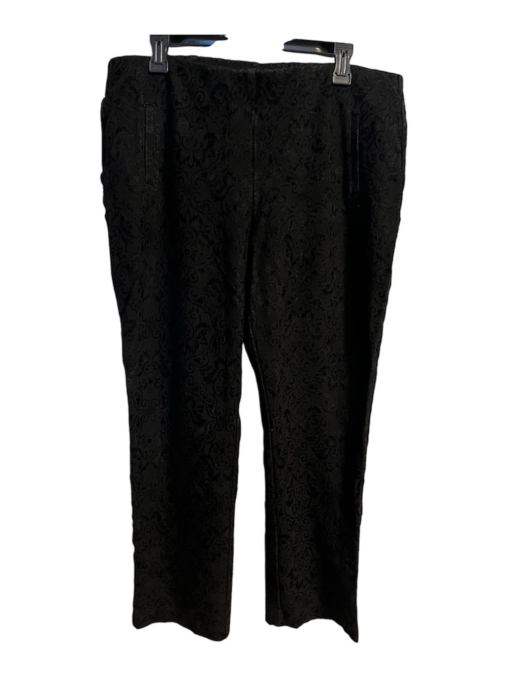 Chico's Black Cropped Brocade Floral Textured Ankle Pull On Pants XL